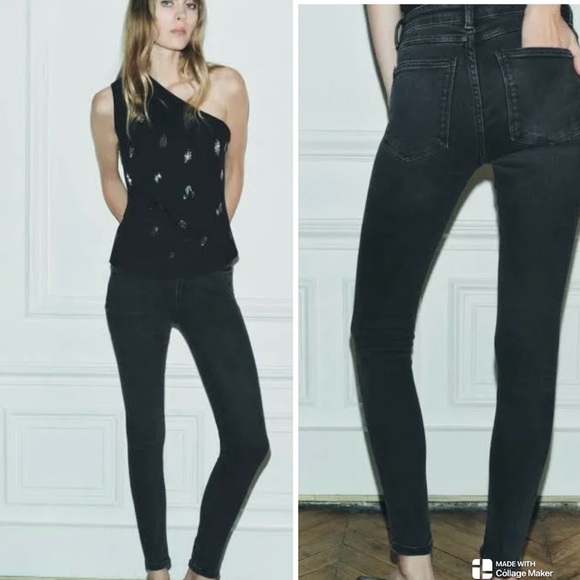 Zara Faded Black Mid Rise Slim Fit Jeans With Stretch  Sz 8 - Picture 1 of 7